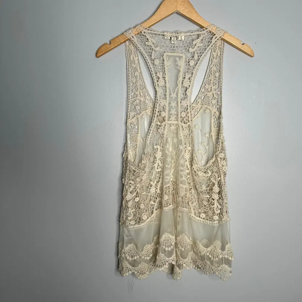 Umgee Women's Cream Cotton Blend Crochet Mesh Cut Out Racerback Tank Size S/M - Picture 9 of 9